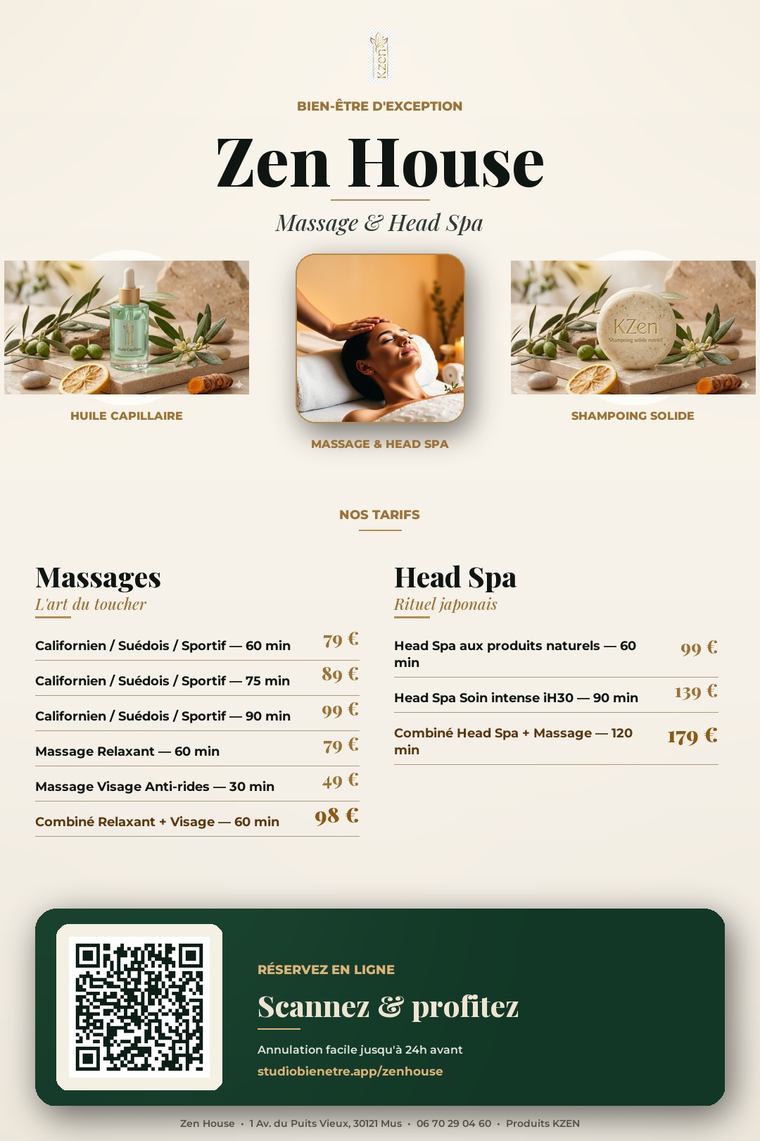 Carte des tarifs Zen House — Massages et Head Spa